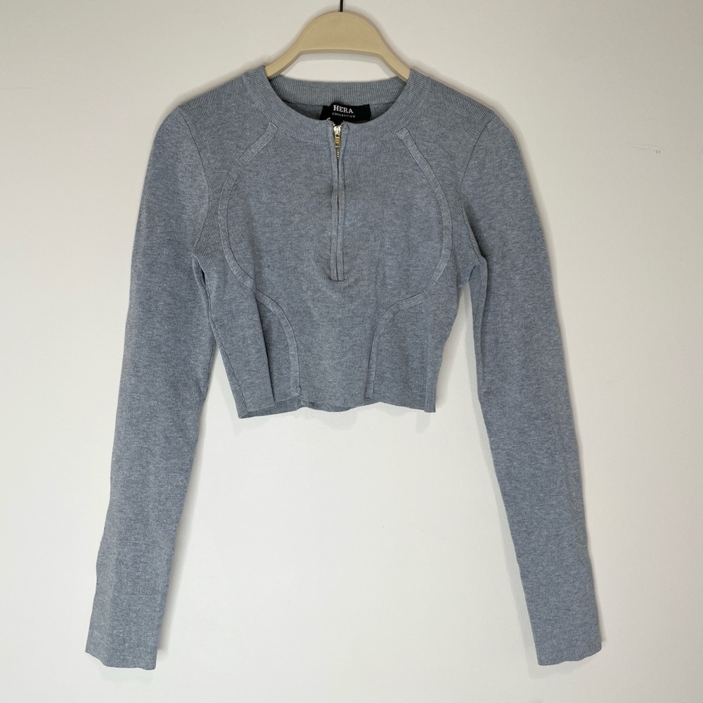 Hera Collection Womens Ribbed Quarter Zip Grey Crop Cyber Utility Panelled Top